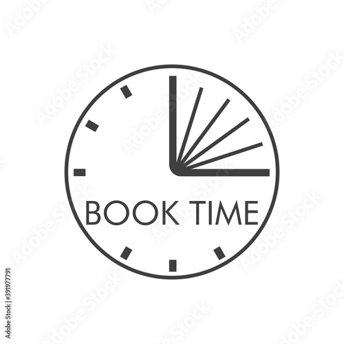 Logotipo con texto Book Time con libro abierto en reloj con lineas en color gris