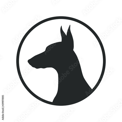 Dog graphic icon. Doberman sign in the circle isolated on white background. Dog breeding symbol. Vector illustration