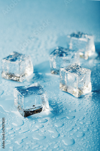 Close-up ice cubes with melt water drops scattered on a blue background.