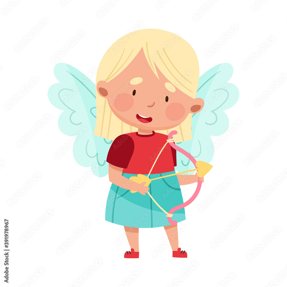 Pretty Girl Character with Wings Holding Bow Vector Illustration Pretty Girl Character with Wings Holding Bow Vector Illustration