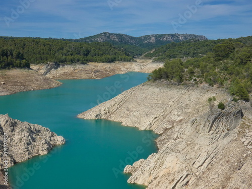 Magnificent provencal landscape with the Bimont lake and its turquoise blue water in Provence near Aix en Provence