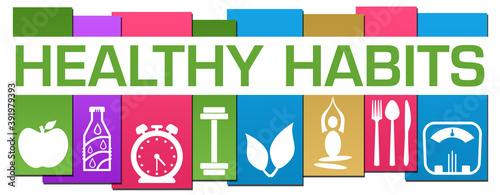 Healthy Habits Colorful Stripes Health Symbols Text Horizontal 