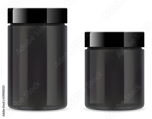 Supplement jar. Black plastic protein bottleon white background. Whey powder tube 3d vector blank. Glossy glass round cylinder can for beauty cream product. Fitness vitamin package