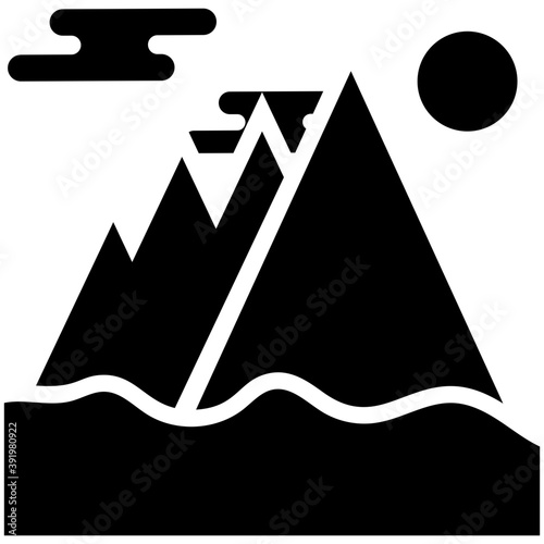 
A mountain range with sun and clouds
