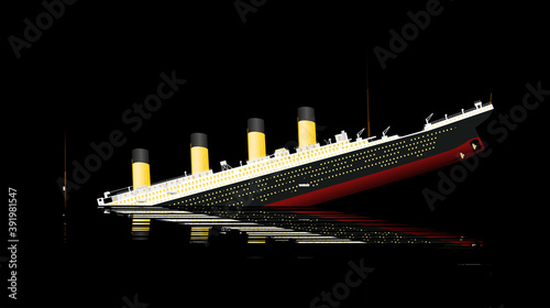 Side view, transatlantic sinking in the ocean at night. Big cruise transatlantic. Old big passengers ship. Detailed vintage famous sunken transatlantic. Vector illustration.