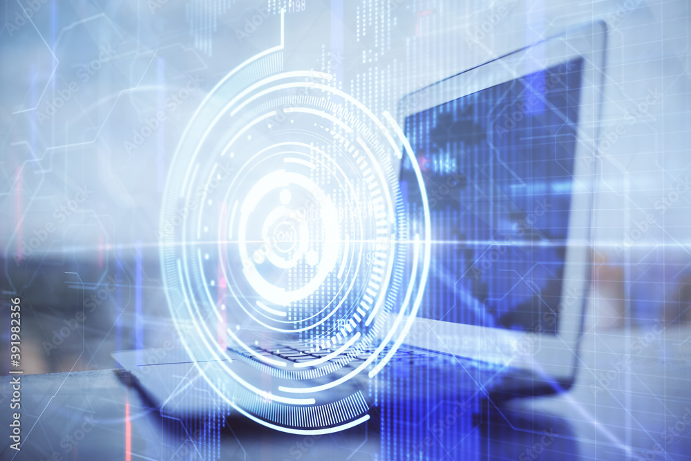 Double exposure of desktop with computer on background and tech theme drawing. Concept of big data.