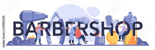 Barbershop typographic header. Idea of hair and beard care. Scissors