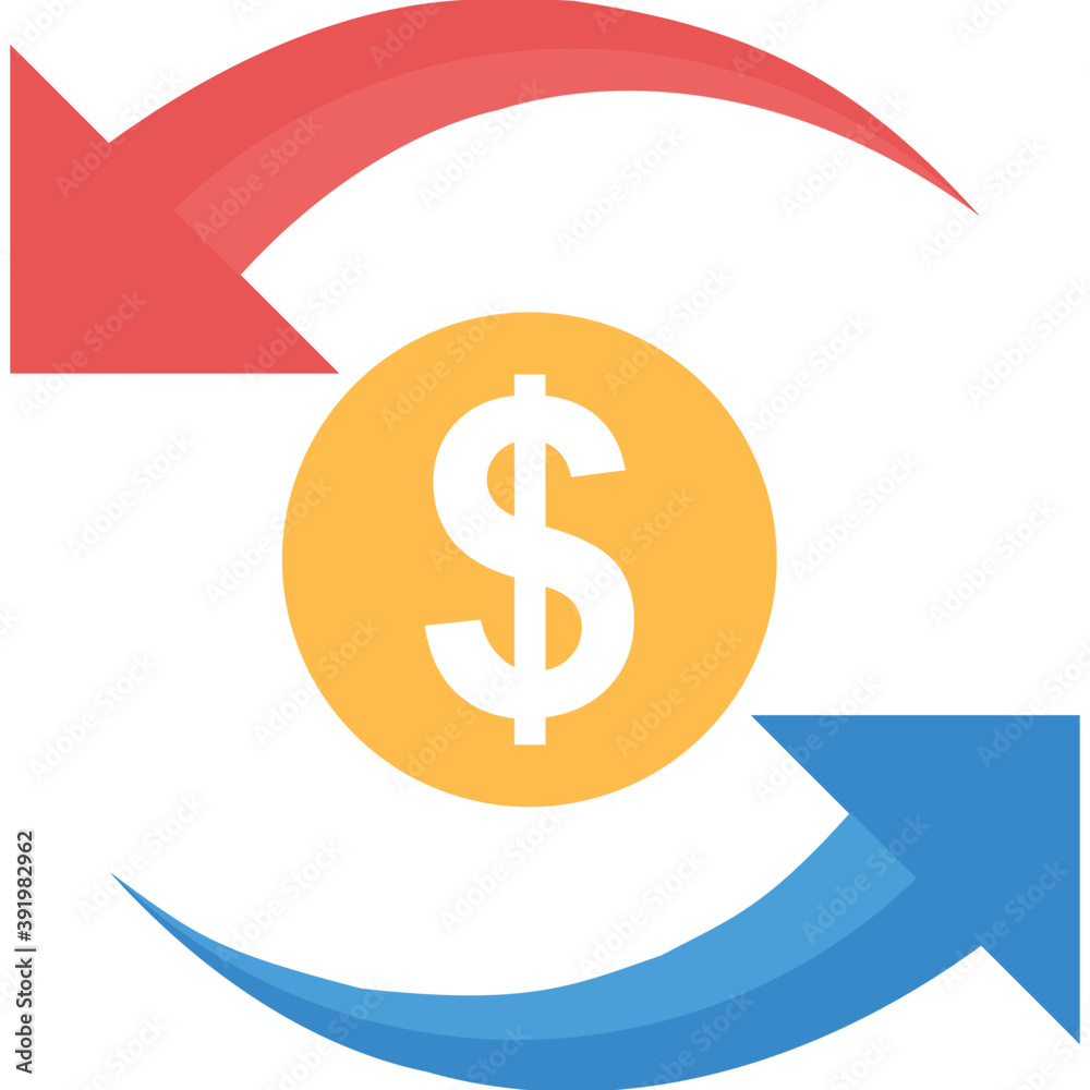 
Flat icon of dollar and pound coins with circular arrows
