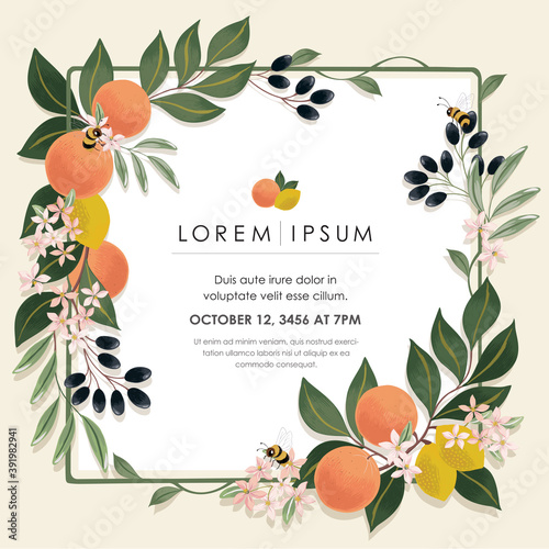 Vector illustration of a beautiful floral frame with fruits. Design for cards, party invitation, Print, Frame Clip Art and Business Advertisement and Promotion 