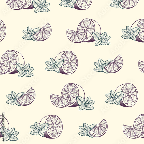 Vintage pattern design with herbal tea ingredients - lemon and mint. Vector seamless background with ink hand drawn lemon and mint.