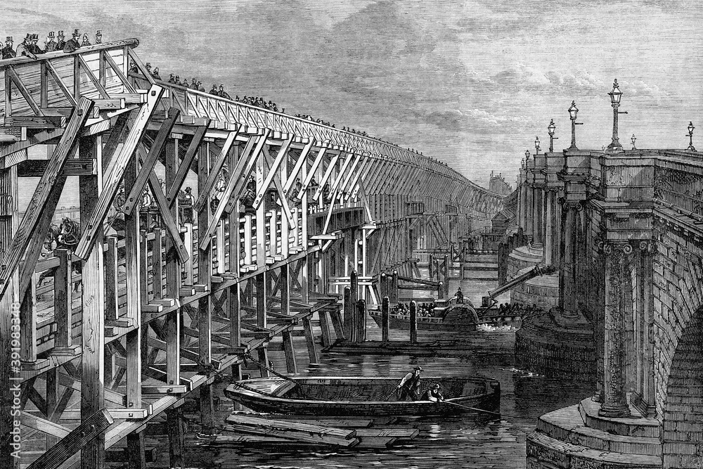 Fototapeta premium Temporary bridge over the Thames river at Blackfriars, London, England, 1864. Antique illustration. 1867.