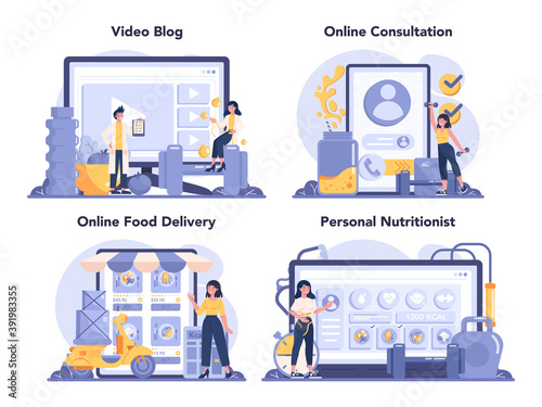 Nutritionist online service or platform set. Nutrition therapy