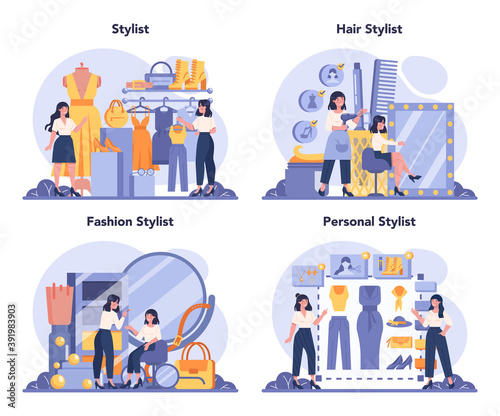 Fashion stylist concept set. Modern, creative job, professional