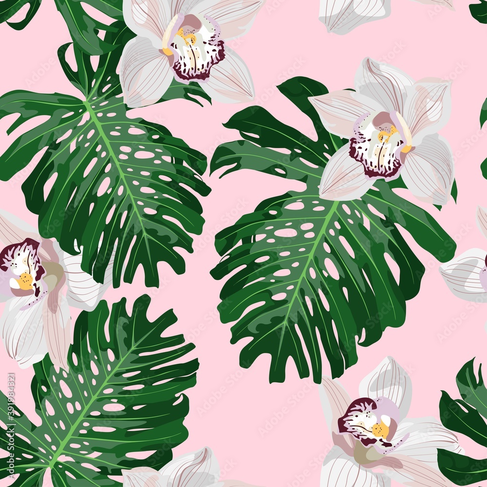Naklejka Tropical seamless pattern. Monstera leaves and orchid flowers on pink background. Seamless exotic pattern with tropical plants. Jungle leaves. Botanical pattern.