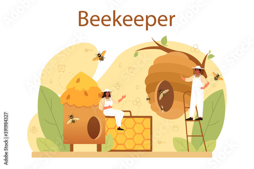 Hiver or beekeeper concept. Professional farmer with hive and honey