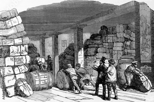 Receiving remedial provisions for the mutilations of war. Cotton bales to send to hospitals. 1854. Antique illustration. 1867.