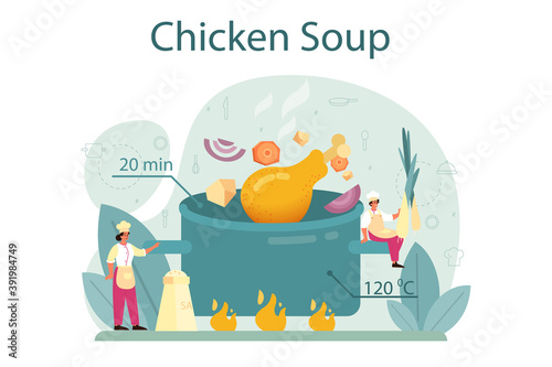 Chicken soup. Tasty meal and ready dish. Chicken meat