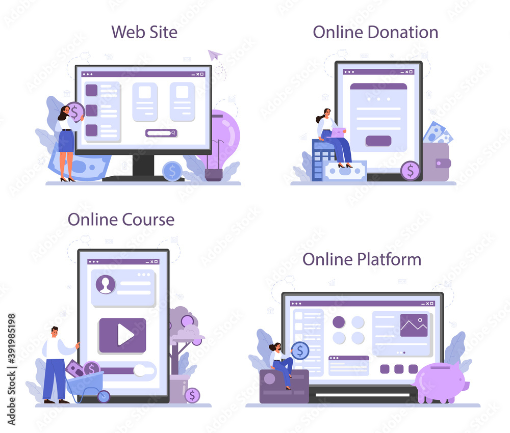 Crowdfunding online service or platform set. Financial support Crowdfunding online service or platform set. Financial support