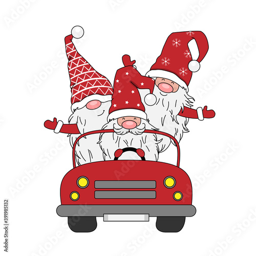 Christmas card.  Three gnomes in a car