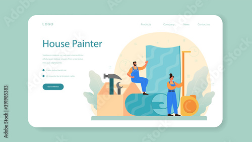Home master web banner or landing page. Repairman applying finishing