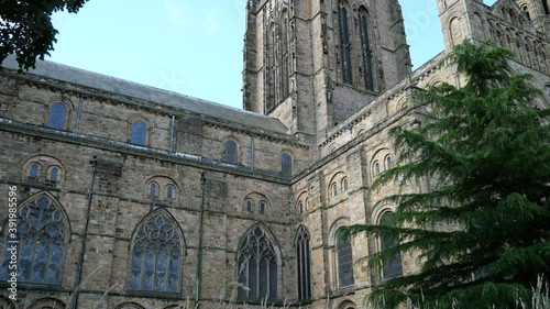 4K tilt shot of Durham Cathedral on a beautiful, summers morning