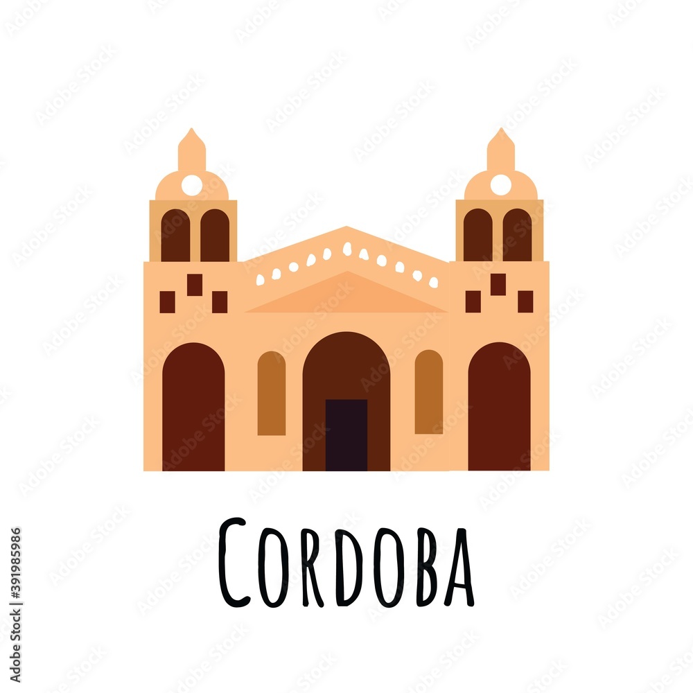 City Cordoba in Argentina. Colored temple with dark doors. Vector illustration isolated on white background.