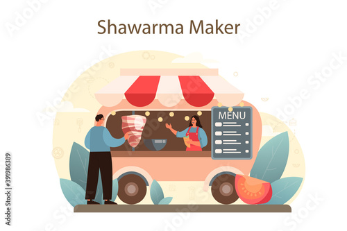 Shawarma street food concept. Chef cooking delicious roll