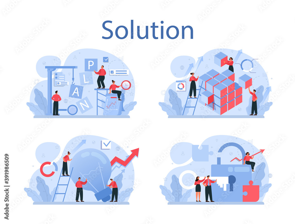 Solution concept illustration set. Solving the problem and finding Solution concept illustration set. Solving the problem and finding