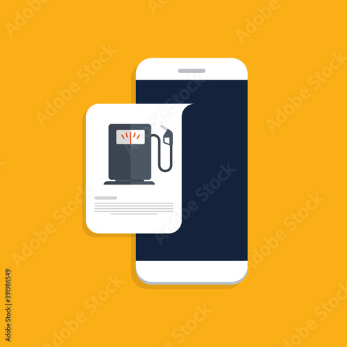 Gas petrol station info message on smartphone screen. Fuel charging using cellphone app, electronic digital online information concept, internet gasoline network system. Vector illustration.