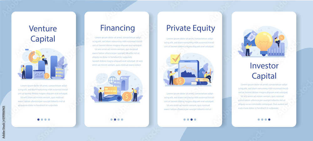 Venture capital mobile application banner set. Investors financing