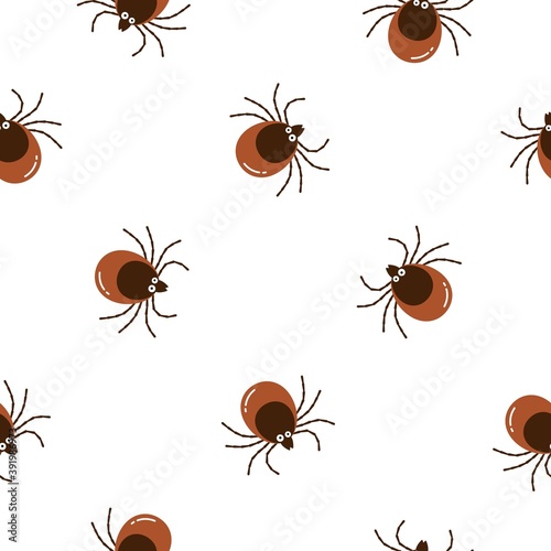 Seamless pattern cartoon brown tick insect icon isolated on white background. Mite bug drawn abstract print, vector flat design © YuliaR