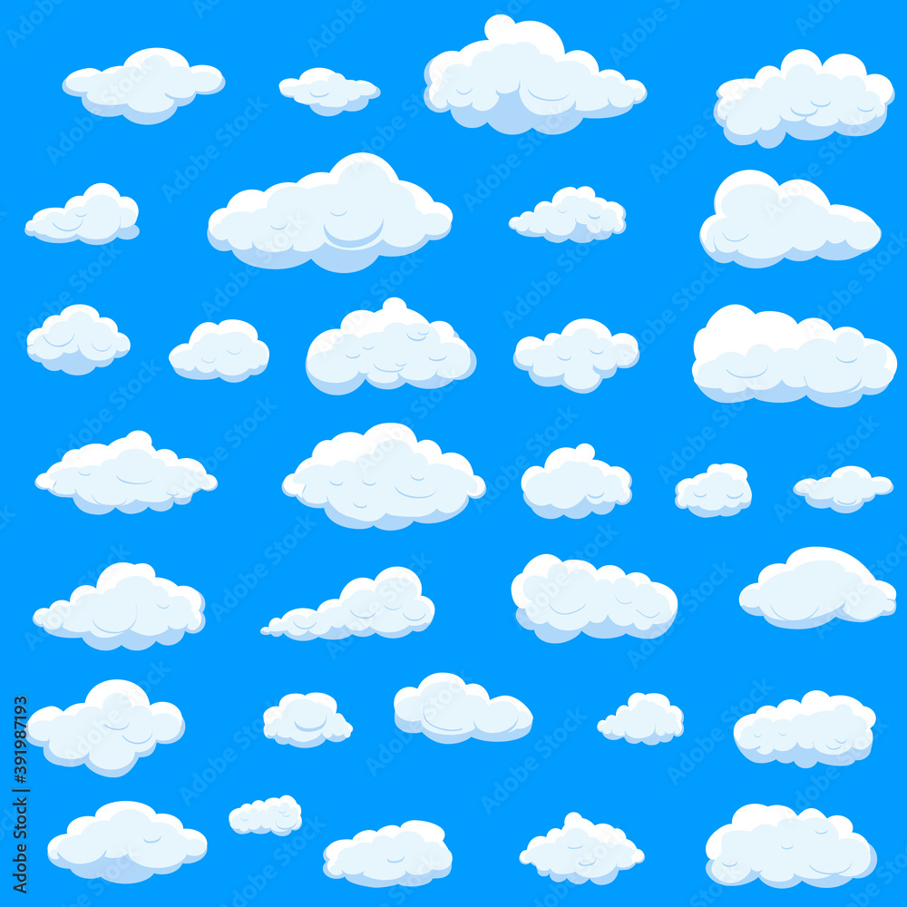 White cartoon clouds set isolated on blue background. Collection of different cartoon clouds for background template, wallpaper and sky design. Cartoon clouds vector. Sky illustration