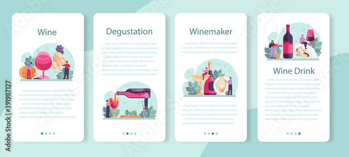 Wine mobile application banner set. Grape wine in a bottle