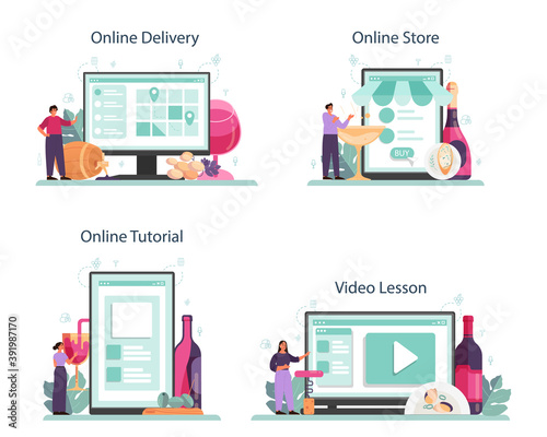 Wine online service or platform set. Grape wine in a bottle