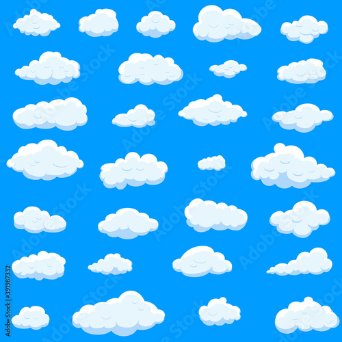 White cartoon clouds set isolated on blue background. Collection of different cartoon clouds for background template, wallpaper and sky design. Cartoon clouds vector. Sky illustration