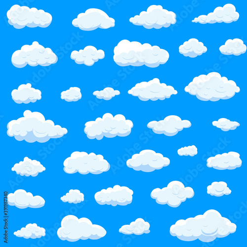 White cartoon clouds set isolated on blue background. Collection of different cartoon clouds for background template, wallpaper and sky design. Cartoon clouds vector. Sky illustration