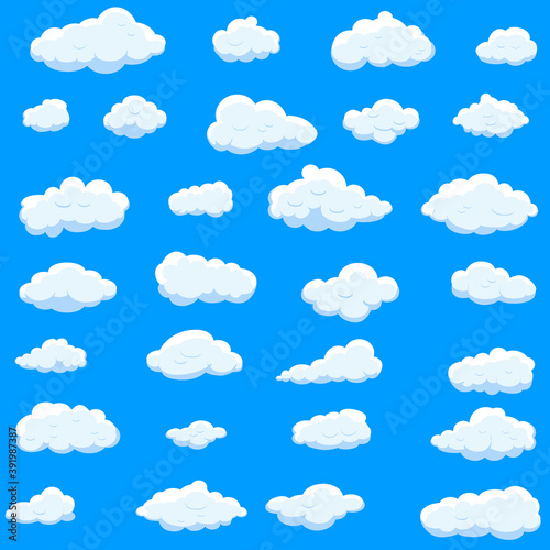 White cartoon clouds set isolated on blue background. Collection of different cartoon clouds for background template, wallpaper and sky design. Cartoon clouds vector. Sky illustration