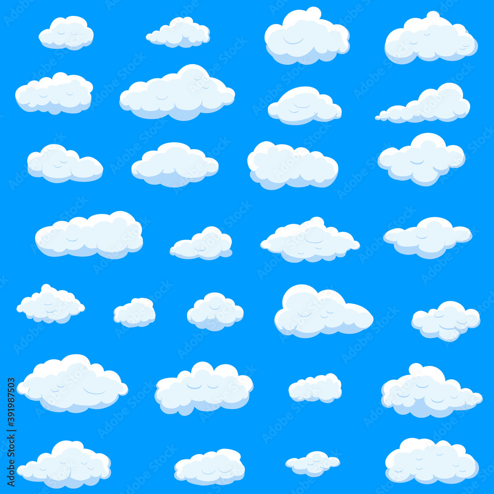 White cartoon clouds set isolated on blue background. Collection of different cartoon clouds for background template, wallpaper and sky design. Cartoon clouds vector. Sky illustration White cartoon clouds set isolated on blue background. Collection of different cartoon clouds for background template, wallpaper and sky design. Cartoon clouds vector. Sky illustration
