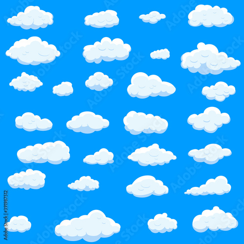 White cartoon clouds set isolated on blue background. Collection of different cartoon clouds for background template, wallpaper and sky design. Cartoon clouds vector. Sky illustration
