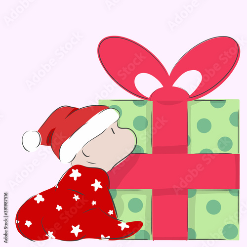 Pretty baby dressed in star full-length pajamas, bodysuit, and christmas hat looking at polka dot christmas present.