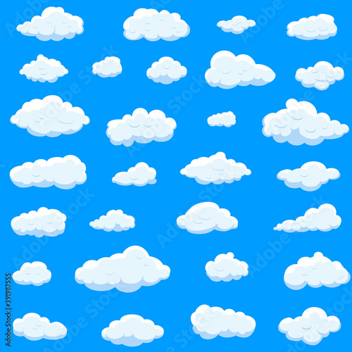 White cartoon clouds set isolated on blue background. Collection of different cartoon clouds for background template, wallpaper and sky design. Cartoon clouds vector. Sky illustration