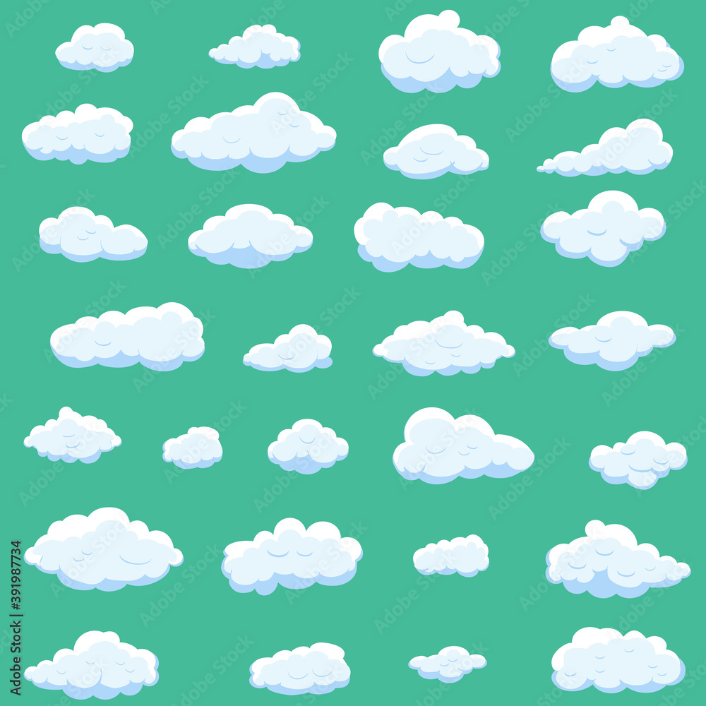 White cartoon clouds set isolated on green background. Collection of different cartoon clouds for background template, wallpaper and sky design. Cartoon clouds vector. Sky illustration