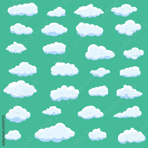 White cartoon clouds set isolated on green background. Collection of different cartoon clouds for background template, wallpaper and sky design. Cartoon clouds vector. Sky illustration