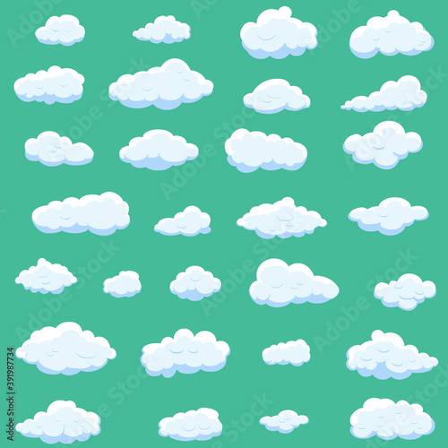 White cartoon clouds set isolated on green background. Collection of different cartoon clouds for background template, wallpaper and sky design. Cartoon clouds vector. Sky illustration