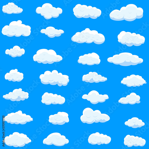 White cartoon clouds set isolated on blue background. Collection of different cartoon clouds for background template, wallpaper and sky design. Cartoon clouds vector. Sky illustration