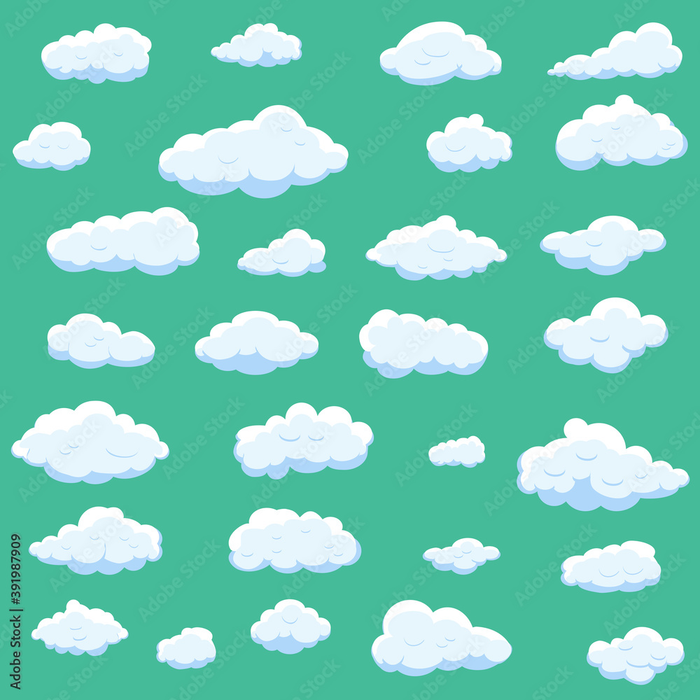 White cartoon clouds set isolated on green background. Collection of different cartoon clouds for background template, wallpaper and sky design. Cartoon clouds vector. Sky illustration