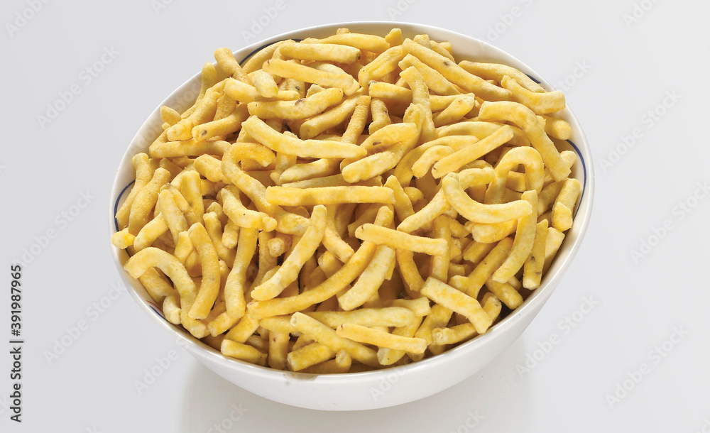 Bhavnagari Gathiya or gathia, ganthia, ganthiya, papdi, Champakali made by gram flour, Indian Pouch Packing Street Food, Namkeen or namkin, selective focus - Image Bhavnagari Gathiya or gathia, ganthia, ganthiya, papdi, Champakali made by gram flour, Indian Pouch Packing Street Food, Namkeen or namkin, selective focus - Image