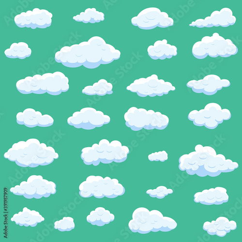 White cartoon clouds set isolated on green background. Collection of different cartoon clouds for background template, wallpaper and sky design. Cartoon clouds vector. Sky illustration