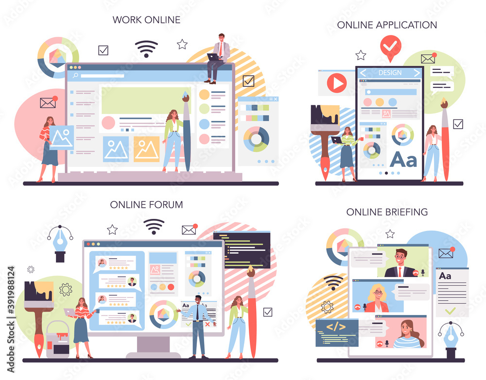 Web design online service or platform set. Presenting content