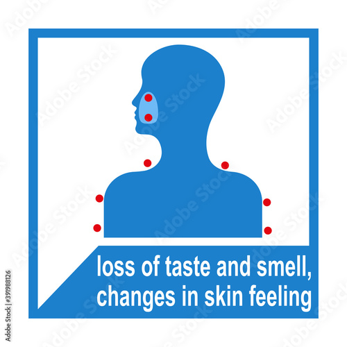 Healthcare infographic elements. Coronavirus symptoms. Loss of taste and smell, changes in skin feeling. Vector illustration isolated on white background. photo